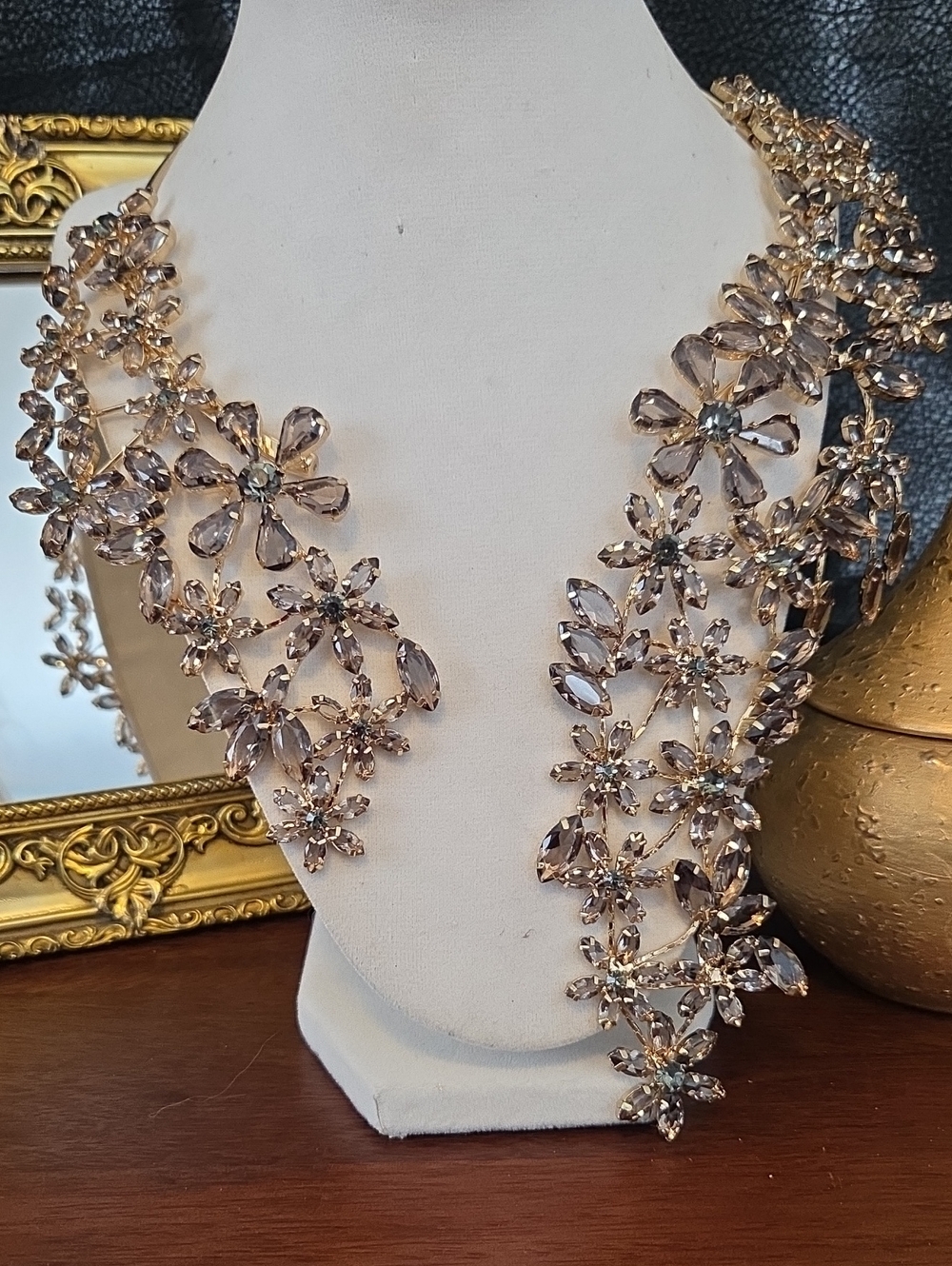 Statement Floral Crystal Necklace in Champagne